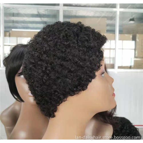 Short Afro Kinky Curly Human Hair Wigs for Black Women Wigs Black Color None lace Machine Made Wigs